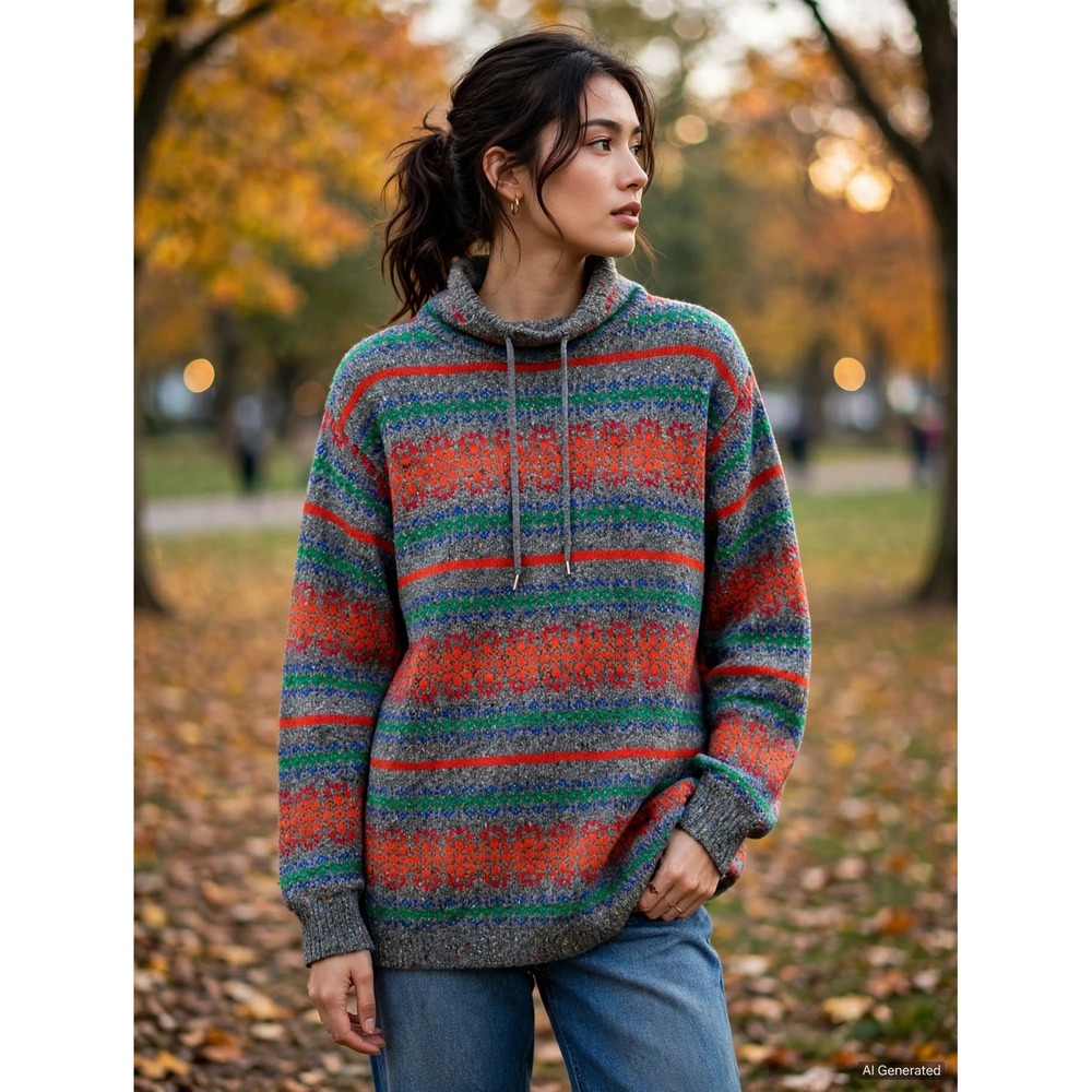 Lizwear Vintage Fair Isle Cowl Neck Drawstring Sweater Gray Orange Green Small